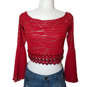 Bundle 5 for $5 - Red/Gold Cropped Bell Sleeve Top Women Size Large